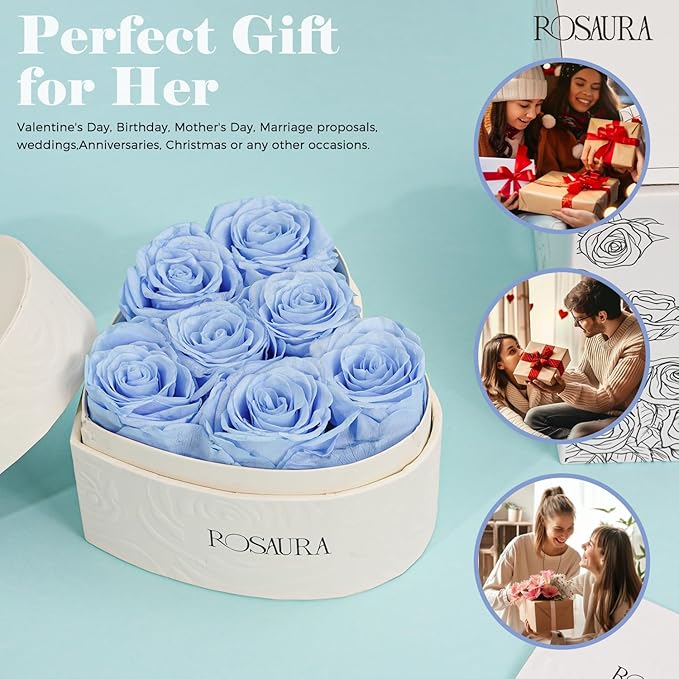 Rosaura Heart-Shaped Preserved Roses Gift Box - Real Forever Flowers for Birthday, Valentine's & Mother's Day (Sky Blue, 7 roses)