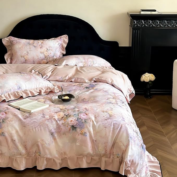 HighBuy French Ruffle Duvet Cover Queen Size,Brushed Cotton Soft Pink Floral Chic Cottagecore Bedding Set Breathable for Hot Sleepers,Durable Comforter Cover Set - 1 Duvet Cover 2 Pillowcases