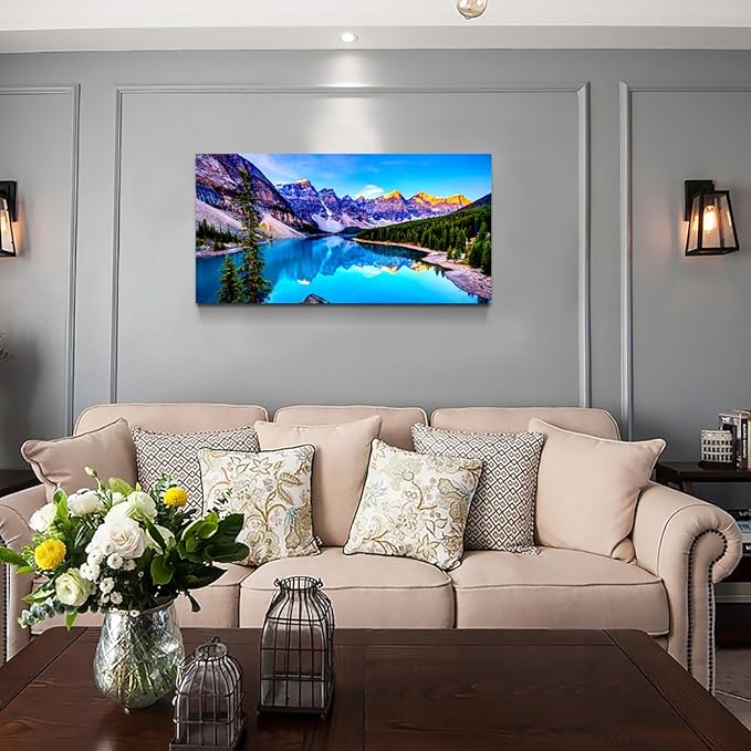 Wall Art Lake Mountain Landscape Picture Print Canvas Wall Art for Living Room Bedroom, Modern Giclee Artwork Home Decor Stretched and Framed Ready to Hang, Waterproof Artwork -28x57inches