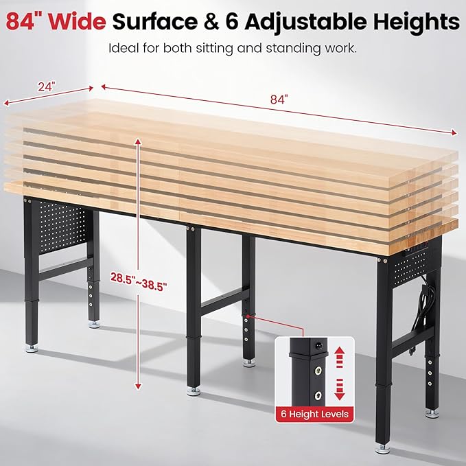 Workbench 84 Inch Heavy Duty Rubber Wood Top Work Bench Adjustable Height Work Table 5000 Lbs Load Capacity with Power Outlets & Extended Pegboard for Garage, Home, Office