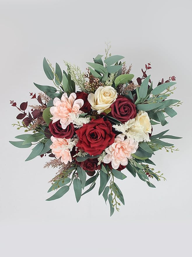Rinlong 13.5" Wide Fall Wedding Bouquets for Bride Burgundy Bridal Bouquet for Wedding Wine Boho Dried Pampas Artificial Flowers Bouquets