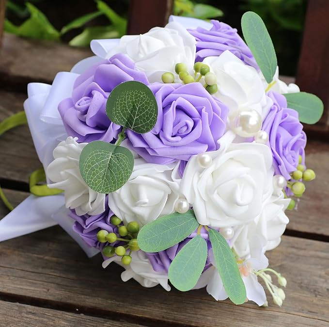 Lightweight Bridal Wedding Bouquet Round Holding Bouquet Throw Toss Artificial Rose Flower Bunch for Bride Bridesmaid Wedding Quinceanera (White & Mid Purple, 7.9")