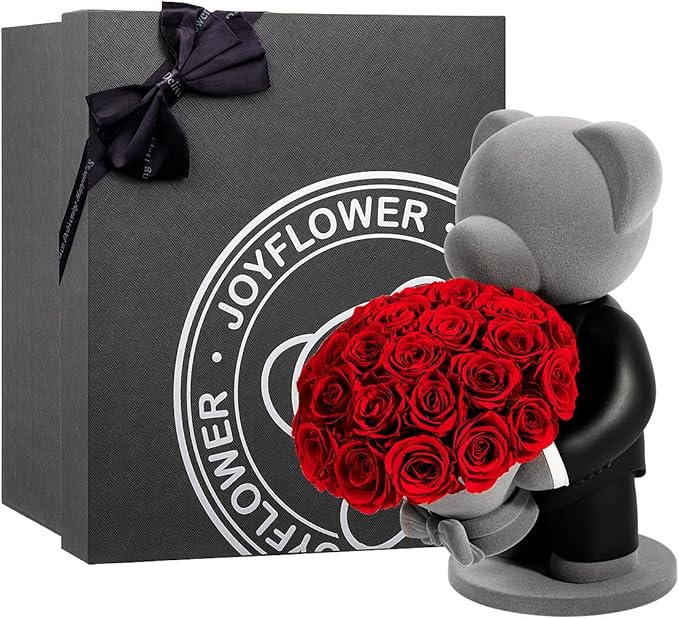 JoyFlower Preserved Flowers with Cute Teddy Bear, Red Eternal Real Roses Romantic Gift with Elegant Gift Box for Girlfriend Wife Her in Valentine's Day, Birthday, Christmas, Weddings, Anniversaries