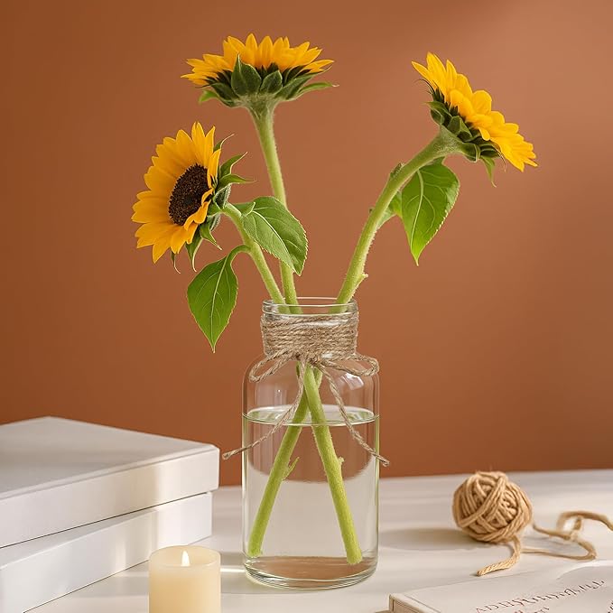 Vintage Glass Flower Vase Set of 8 Clear Vases with Hemp Rope for Farmhouse Wedding Centerpiece Cylinder Bottle for Reception Table Decoration Home Decor Floral Arrangements(Medium)
