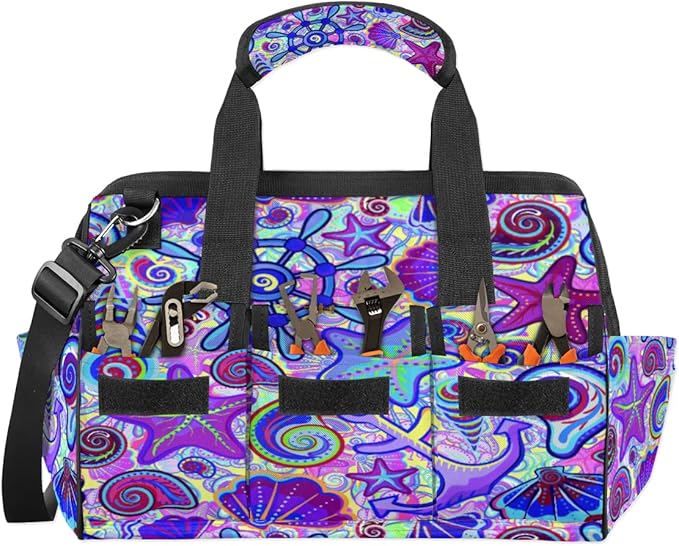 Marine Nautical Violet Pink Blue Tool Bag for Men Women Heavy Duty Multi-Pockets Wide Mouth Tool Tote Waterproof Tool Bag Organizer with Adjustable Shoulder Strap