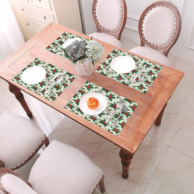 PVC Placemats Set of 6 Wipeable Table Mats Washable Heat Resistant Non Slip Vinyl Dining Table Mat for Kitchen Indoor Outdoor Patio Farmhouse Place Mats Christmas Red Berry Decorative