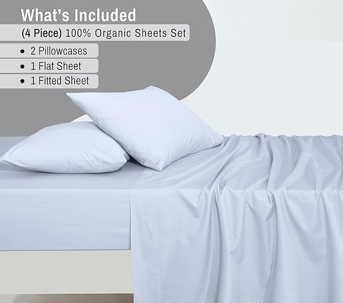 RUVANTI 100% Organic Cotton Sheets California King, Percale Weave, GOTS Certified, 4-Piece Set, Deep Pocket 13", Crisp & Breathable, Soft Durable Bedding, Sábanas Algodón Orgánico – Arctic Ice