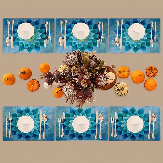Teal Flower Mandala Placemats Set of 6 PVC Vinyl Non Slip Table Mats Waterproof Heat Resistant Place Mats Washable Wipeable Dining Table Mat for Kitchen Party Indoor Outdoor Decorative