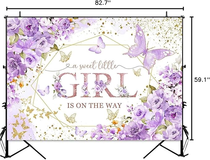 Sensfun Butterfly Baby Shower Backdrop A Sweet Little Girl is On The Way Photography Background Purple Butterfly Floral Princess Baby Shower Decorations Banner Party Supplies Photoshoot Props 7x5ft
