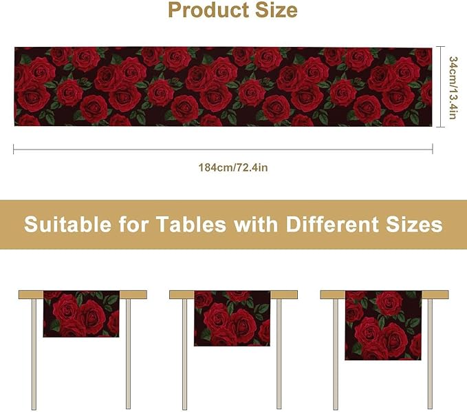 Red Rose Table Runner,Romantic Spring Summer Seasonal Table Runner for Indoor Outdoor Holiday Home Wedding Party 13x36 Inch