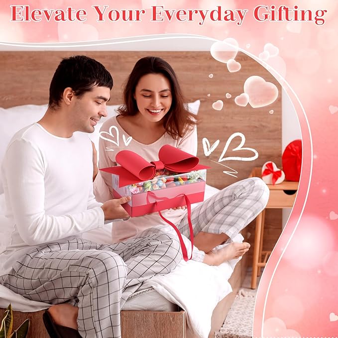 AceOrbit 1 Set Flower Gift Box with Bow Paper Empty Large Red Gift Baskets with Lid and Handle Squared Cardboard Fillable Present Chocolate Packaging for Christmas Valentine Birthdays Bridal Wedding