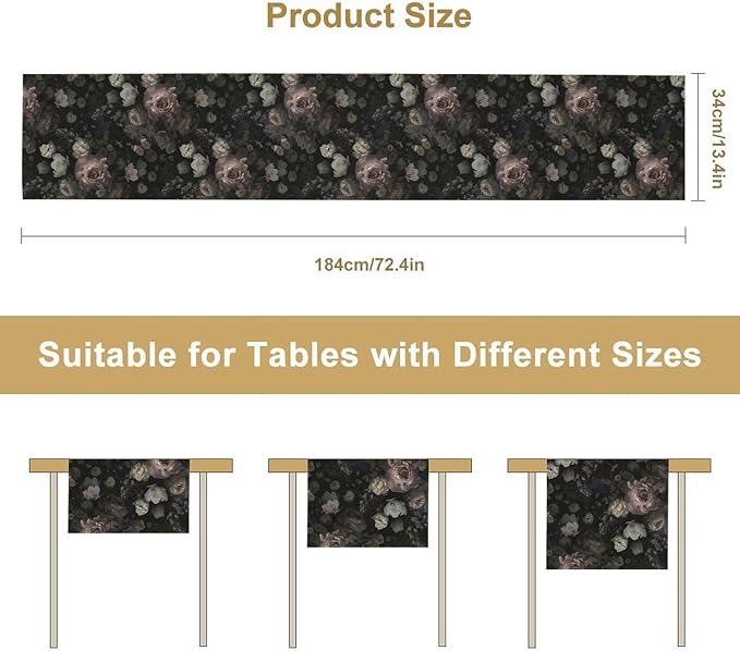 Gothic Floral Table Runner,Vintage Black Pink Rose Print Table Runner for Home Kitchen Table Dining Indoor Outdoor Party Decor 13x36 Inch