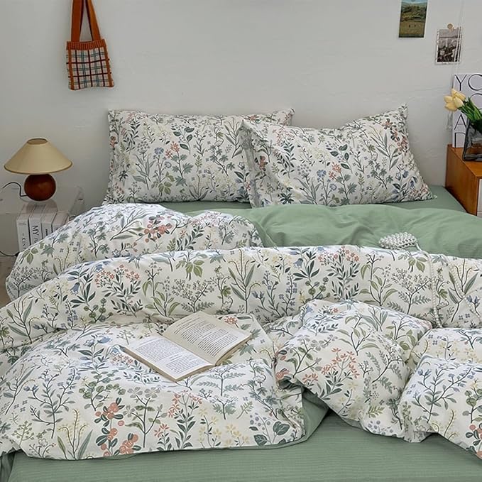 EAVD Vintage Style Garden Botanical Duvet Cover King Soft Cotton Chic Shabby Colorful Leaves Floral Bedding Set with 2 Pillowcases Fresh Floral Duvet Cover with Zipper Closure