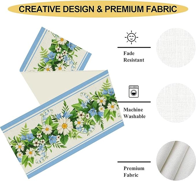 Wild Flower Table Runner, Vintage Seasonal Spring Daisy Flower Rustic Blue Farmhouse Table Center Decor for Family Kitchen Farmhouse Holiday Party Table Decorations Indoor Outdoor 13x90 inch