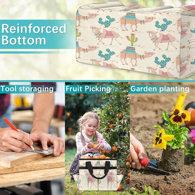 Garden Tool Tote Bag for Women Men Cartoon Camel Cactus Gardening Tool Storage Bags with 10 Pockets Standable Garden Home Tool Kits Organizer for Indoor Outdoor Gardening Gifts