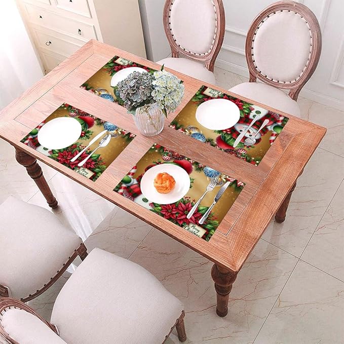 PVC Placemats Set of 1 Wipeable Table Mats Washable Heat Resistant Non Slip Vinyl Dining Table Mat for Kitchen Indoor Outdoor Patio Farmhouse Place Mats Christmas Ball Poinsettia Snowman Decorative