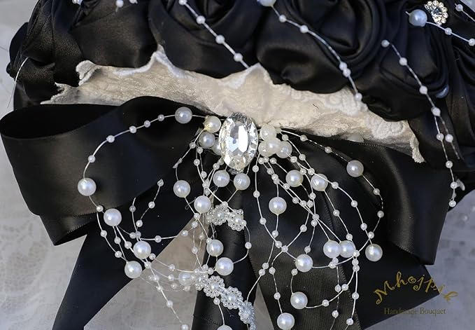 Bridal Wedding Bouquet Round Bling Brooch Bouquet Throw Toss Artificial Rose Flower Bunch for Bride Bridesmaid Wedding Quinceanera(Black, 8.7")