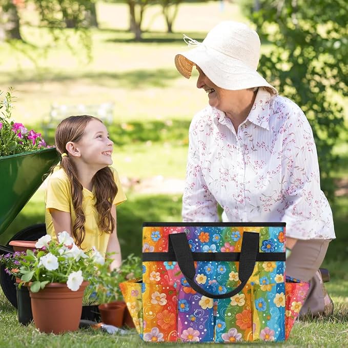 Garden Tool Bag Organizer Garden Tote Bag with Pockets Rainbow Small Flowers Tool Storage Organizer Gardening Tool Kit Holder 13" x 6.8" x 2.8"