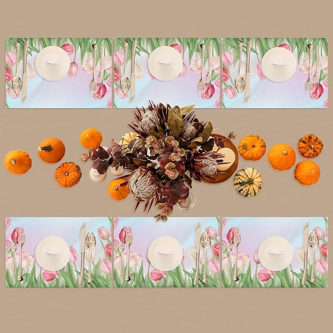 PVC Placemats Set of 6 Flower Tulip Pink Wipeable Table Mats Washable Heat Resistant Non Slip Vinyl Dining Table Mat for Kithen Indoor Outdoor Patio Farmhouse Place Mats Decorative
