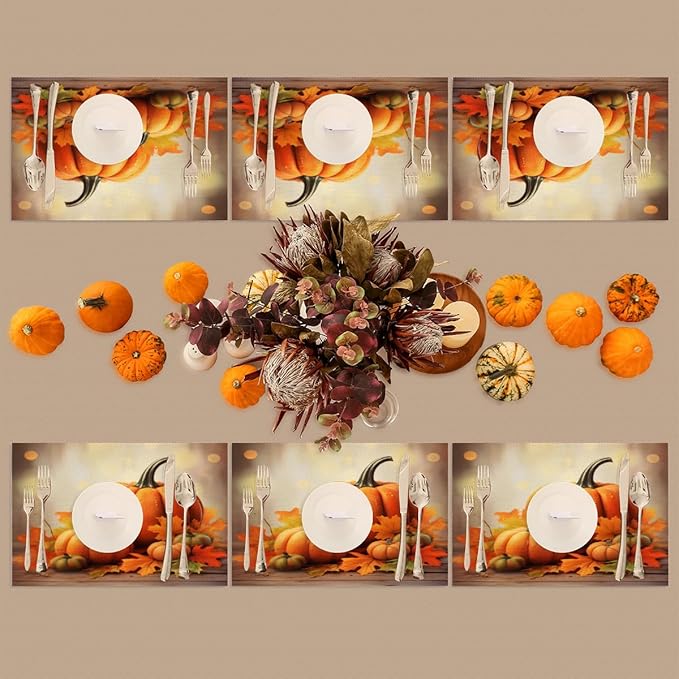 Thanksgiving Fall Pumpkin Placemats Set of 4 PVC Vinyl Non Slip Table Mats Heat Resistant Place Mats Washable Wipeable Dining Table Mat for Kitchen Decor Party Indoor Outdoor Decorative Gift