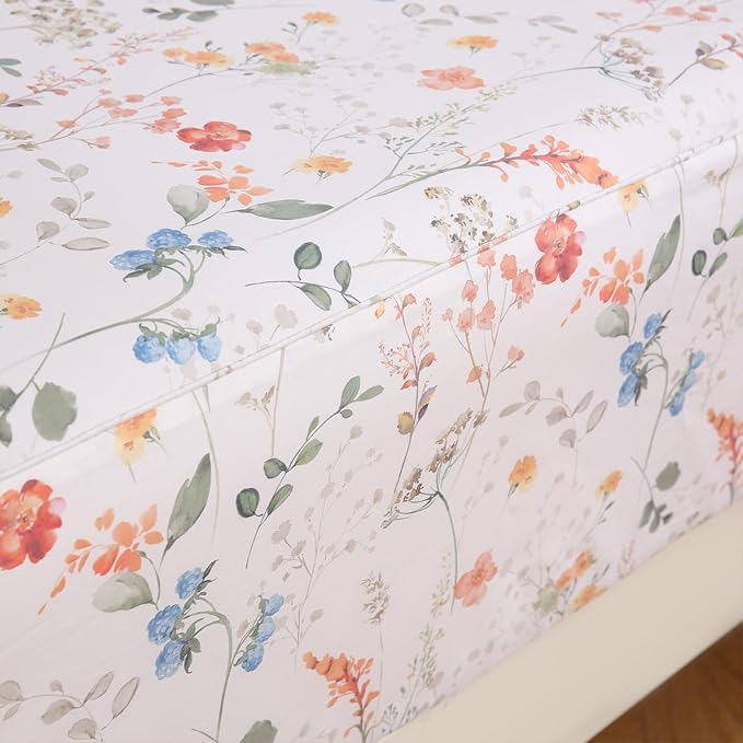 Zusbest Floral Bed Sheets Full Size Percale Cotton Orange Blue Flower Sheets Set Green Botanical Printed on White Patterned Deep Pocket Sheets, Crisp Soft Breathable for Hot Sleepers, 4 Pcs, Full