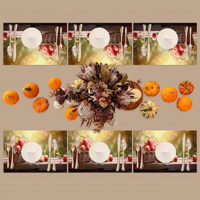 Apple Fall Fruit Basket Placemats Set of 4 PVC Vinyl Non Slip Table Mats Heat Resistant Place Mats Washable Wipeable Dining Table Mat for Kitchen Decor Party Indoor Outdoor Decorative Gift