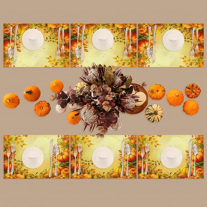 Thanksgiving Fall Yellow Pumpkin Placemats Set of 1 PVC Vinyl Non Slip Table Mats Heat Resistant Place Mats Washable Wipeable Dining Table Mat for Kitchen Decor Party Indoor Outdoor Decorative Gift