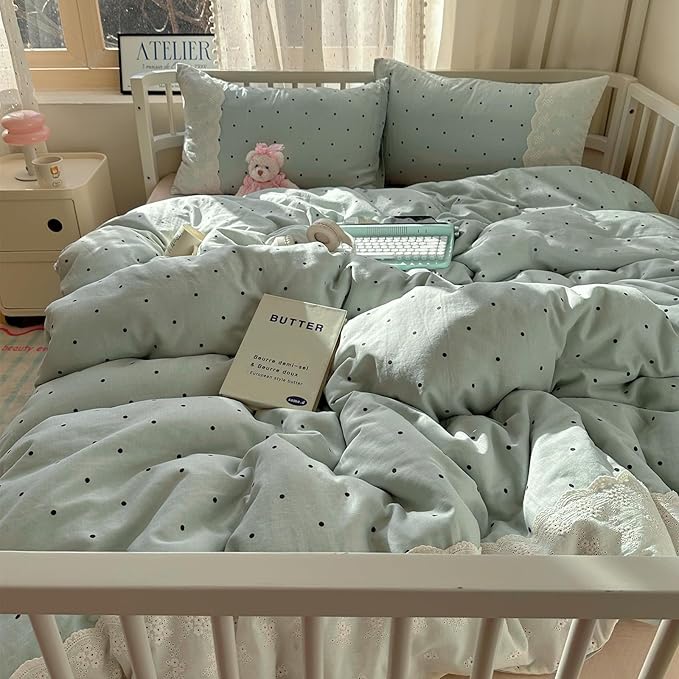 VM VOUGEMARKET Sage Green Comforter Set Twin XL Cute Black Dots Bedding Set,Soft Microfiber Princess Style Lace Comforter/Quilt with 2 Pillowcases,Romantic &Elegant-68 x90