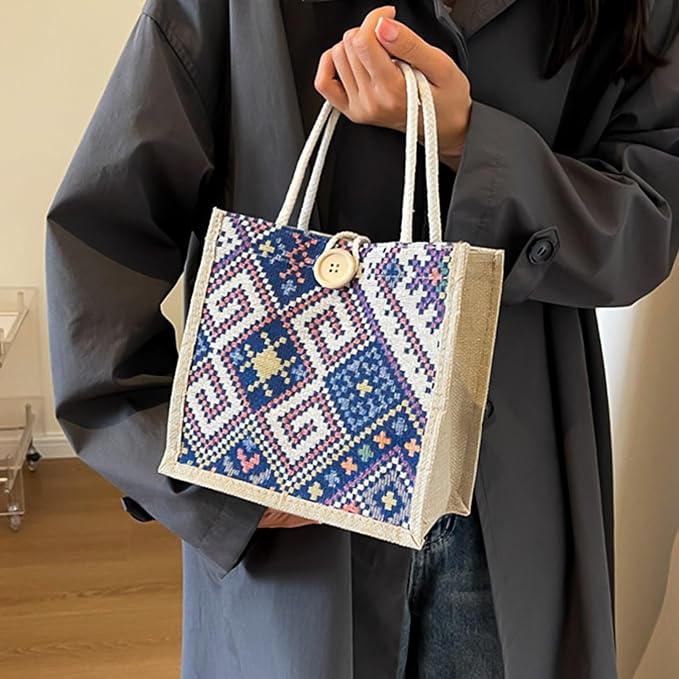 Women Tote Bag,2Pcs Jute Casual Tote's Handbag Embroidered Personalized Bento Bag,Reusable Grocery Bags Shopping Bags