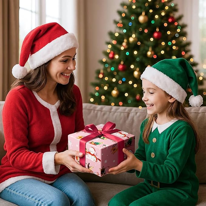 WERNNSAI Dog Christmas Wrapping Paper Roll - 1 Roll 17”x 33 ft Pink Dog Wrapping Paper Christmas for Kids Adults Reversible Red Candy Cane Stripe Gift Wrap for Xmas Winter Puppy Party Celebration