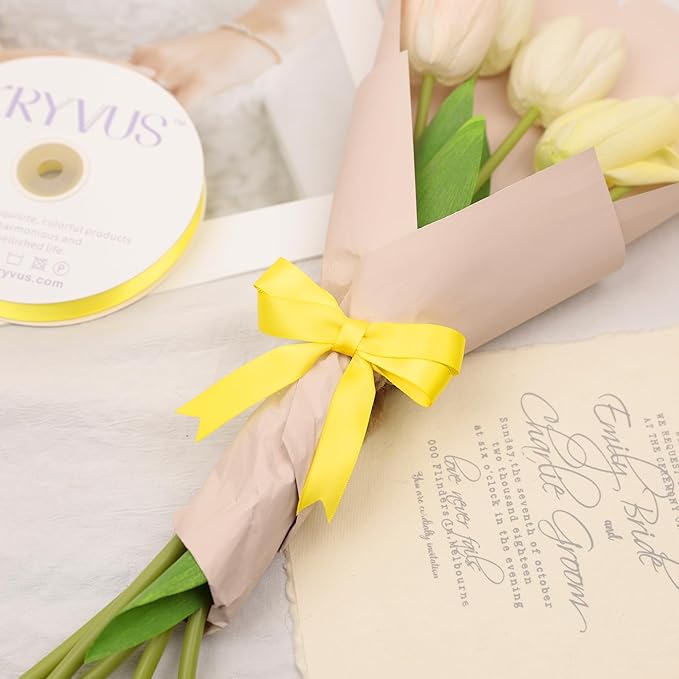 Daffodil Yellow Satin Ribbon, Double Faced 5/8 Inch X 50 Yards Daffodil Ribbon, Premium Satin Ribbon for Gift Wrapping, Crafts, Hair Bow Making, Sewing, Flower Bouquet, Wedding Party Decor