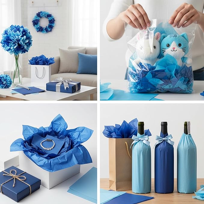 Qilery 500 Sheets Blue Tissue Paper Bulk for Gift Bags 15 x 20 Inch Acid Free Packaging and Wrapping Paper Sheets for Winter Hanukkah Decoration DIY Crafts, Bouquet, Wedding Birthday Party, Packing