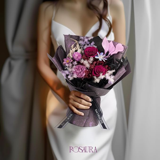 Rosaura Preserved Flowers Bouquets, Natural Real Roses for Delivery Prime, Forever Rose Bouquets Valentine's Day, Mother's Day, Christmas, Birthday Gifts-Dark Purple (with vase)
