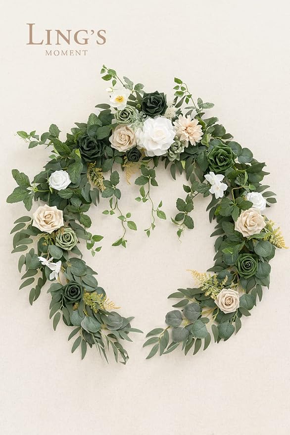 Ling's moment Summer Green Flower Garland - 6FT Eucalyptus & Rose - Sweetheart Table Decor for Wedding Reception, Artificial Floral Garland for Mantle, Christmas Decoration, Emerald & Tawny Beige