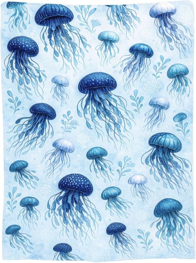 Jellyfish Blanket Marine Life Throw Blanket Blue Ocean Sea Soft Cozy Fleece Sealife Fuzzy Stuffed Plush Animal Flannel Gifts for Girls Women Boys Kids Adults 50"X60"