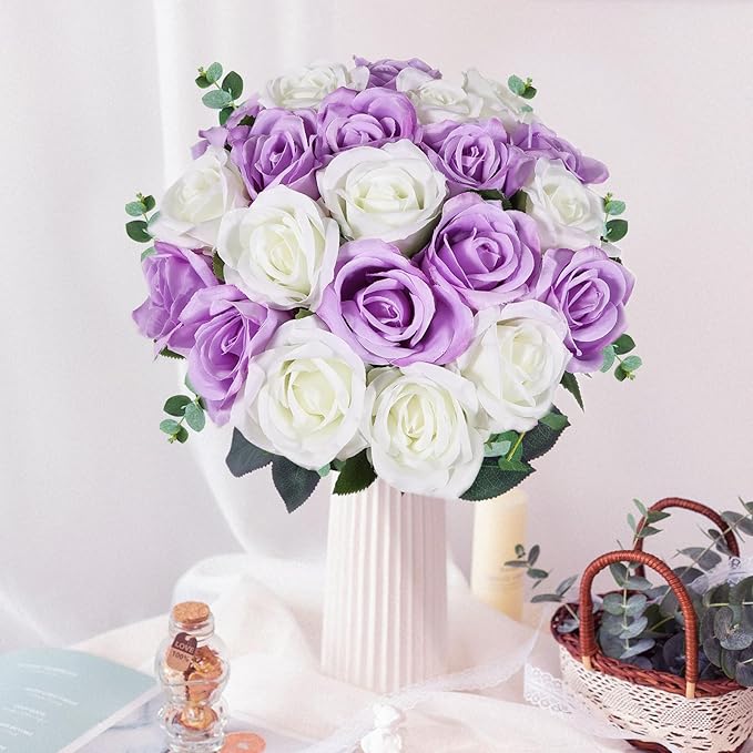 20PCS Artificial Roses with Long Stems - Realistic Silk Flowers, Fake Roses Real Touch Bouquet of Roses for Home Decor, Bridal Wedding Party Table Centerpieces, Bulk Faux Rose Flowers (White Purple)