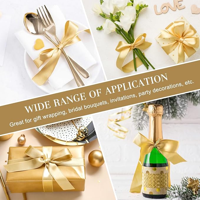 1-1/2 Inches 100 Yards Champaign Gold Satin Ribbon, Solid Fabric Ribbon Roll for Flower Bouquets, Gift Wrapping, Wedding, Handmade Crafts