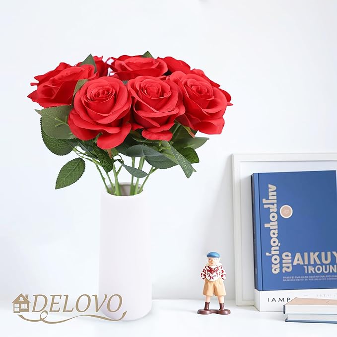 52pcs Red Roses Artificial Flowers Red Fake Flowers Silk Roses with Stems for DIY Wedding Bouquets Bridal Shower Centerpieces Arrangements Party Decorations