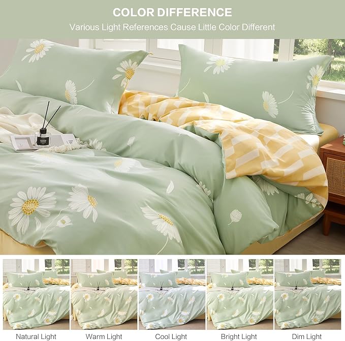 SAPHREAS Green Duvet Cover Set Queen Size 3pcs White Daisy Floral Printed Bedding Comforter Cover Set 100% Cotton 1 Duvet Cover 90"x90" 2 Pillow Shams, Comforter Not Included