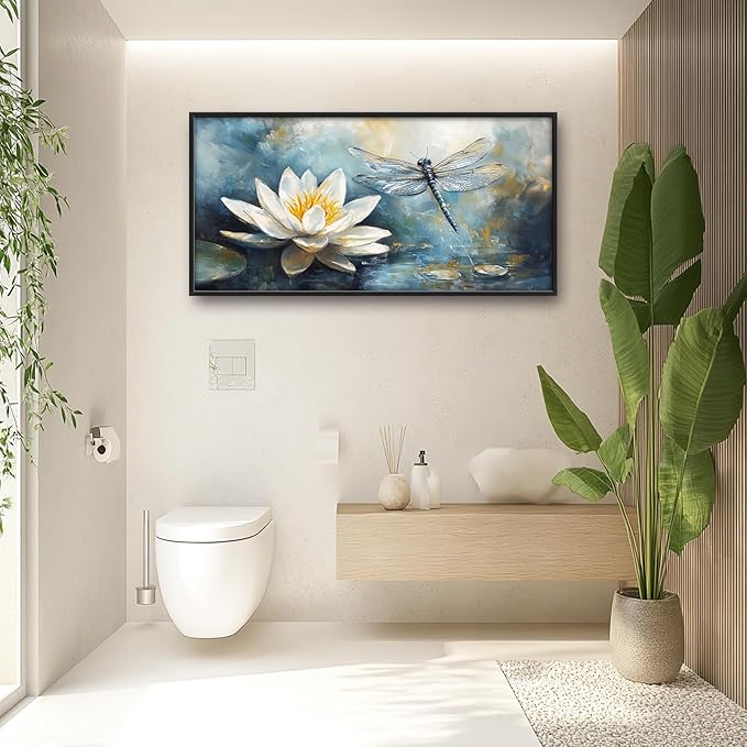 Extra Large Lotus Dragonfly Framed Wall Art for Living Room,Abstract Blue Lotus Flower Lake Pictures Wall Decor,Nature Canvas Print Painting Modern Artwork Bedroom Office Bathroom 60L x 30W