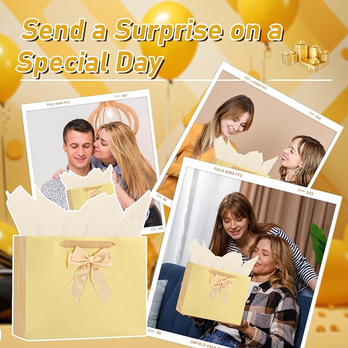 Bloomwords 13" Gold Gift Bag Set - 1 Large Paper Bag with Bow, Greeting Card & 2 Tissues, Sturdy Handles for Birthdays, Party & Special Occasions