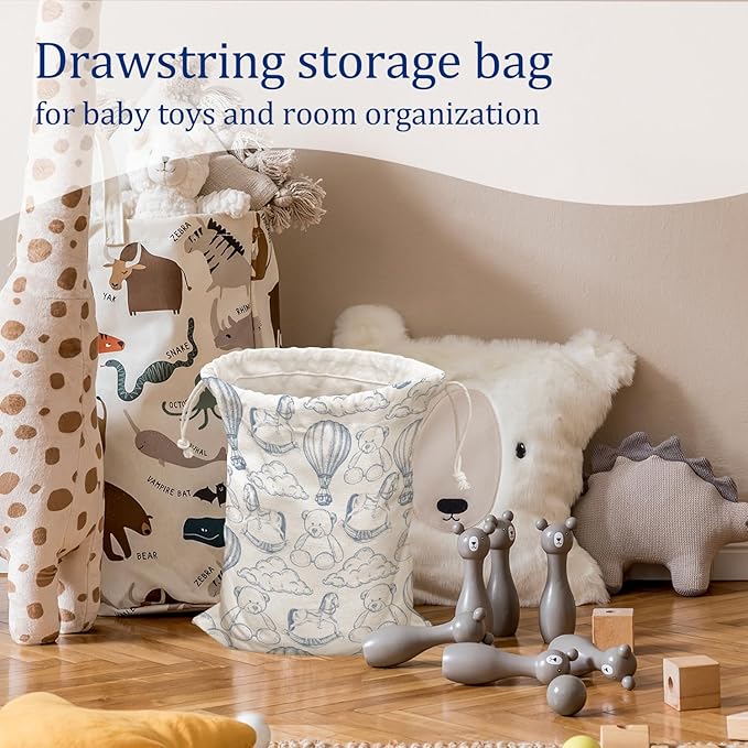 DSHFG Light Blue Chinoiserie Birthday Drawstring Gift Wrap Bags, Cute Chinoiserie Toy Bear Baby Shower Drawstring Gift Bags Canvas, Blue and White Small Happy Birthday Bag, 10x13 Inch