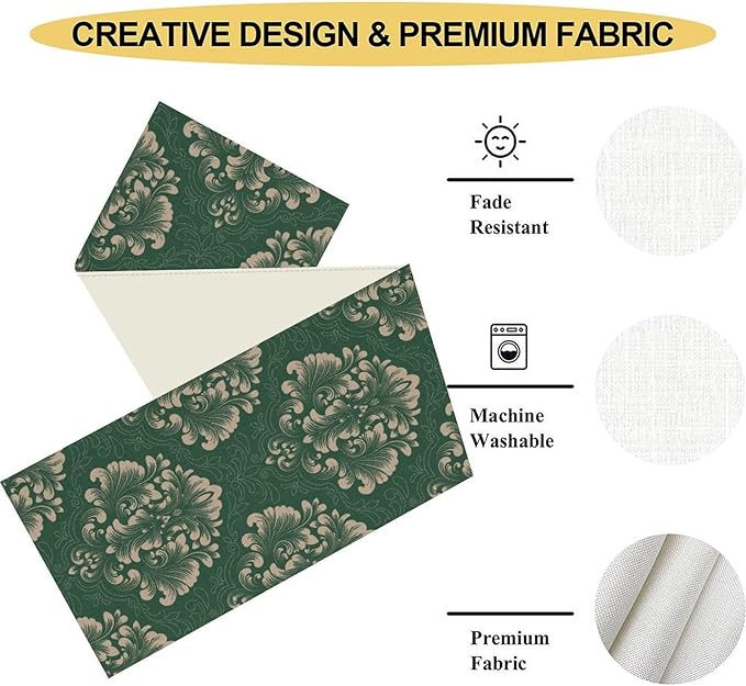 Vintage Damask Table Runner, Green Classical Luxury Old Fashioned Damask Royal Victorian Floral Print Table Center Decor for Family Kitchen Table Decorations Indoor Outdoor 13x72 inch