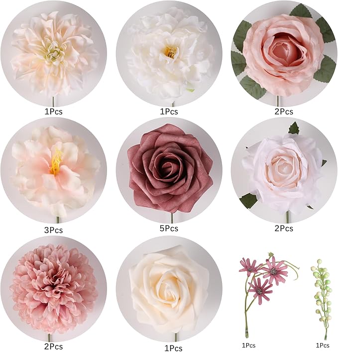 Artificial Flowers Combo, Mix Silk Flowers Roses, Peonies, Dahlias with Stems for DIY Wedding Bridal Bouquets, Baby Shower, Table Centerpieces, Home Decor, Fake Floral Arrangements-Blush Pink