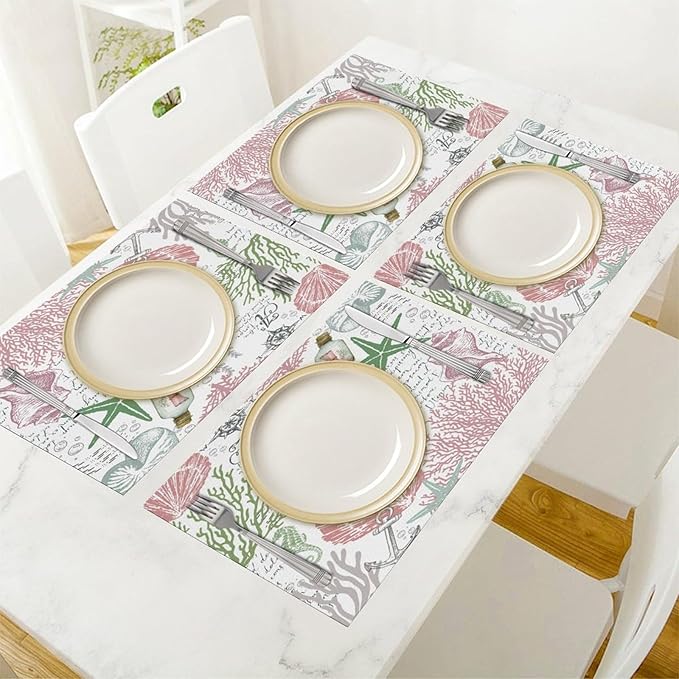 Summer Ocean Placemats Set of 4,Nautical Coastal Pink Green Starfish Seashell Coral Theme Linen Table Mats for Home Kitchen Dining Party Decor 6 PCS