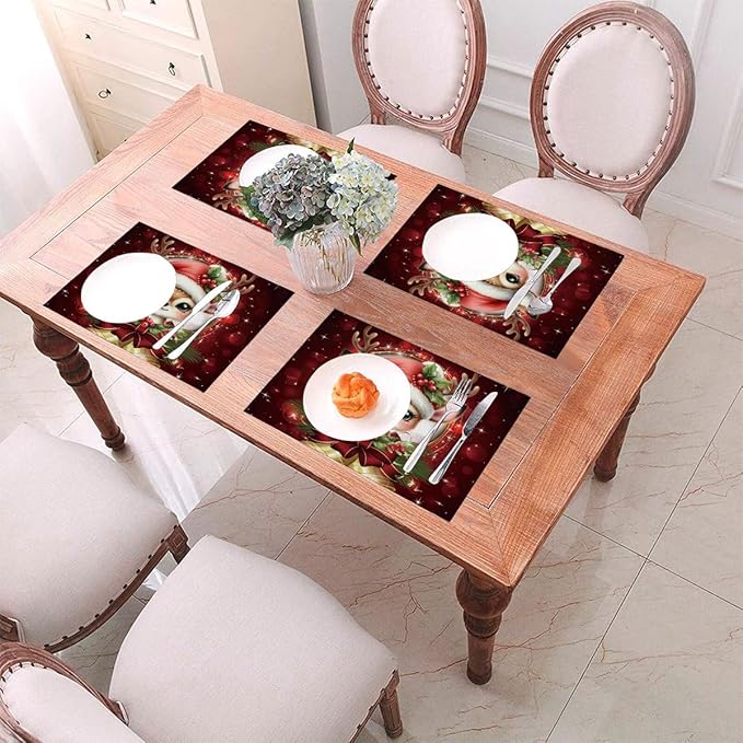 PVC Placemats Set of 4 Wipeable Table Mats Washable Heat Resistant Non Slip Vinyl Dining Table Mat for Kitchen Indoor Outdoor Patio Farmhouse Place Mats Red Christmas Bell Deer Decorative