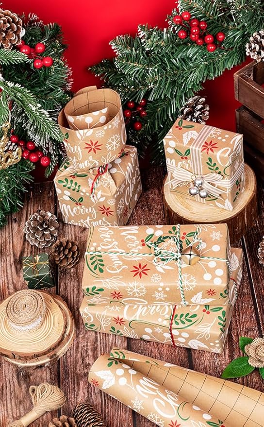 WRAPAHOLIC Kraft Christmas Wrapping Paper - Mini Roll - 17 Inch x 33 Feet - Merry Christmas Wrapping Paper with Leaves Design for Holiday, Party Celebration