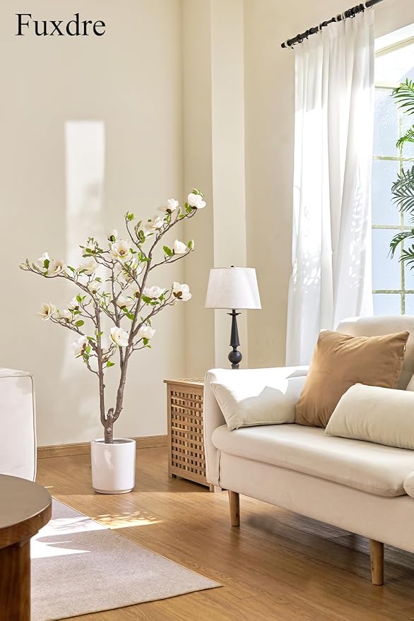 Artificial Magnolia Tree, 4.9 ft Tall Fake Indoor Tree, Faux Magnolia Tree is Realistic Real Touch Leaves and Flowers Perfect for Home Decor, Living Room, Floor and Wedding(White)