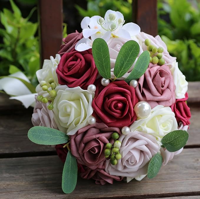 Lightweight Bridal Wedding Bouquet Round Holding Bouquet Throw Toss Artificial Rose Flower Bunch for Bride Bridesmaid Wedding Quinceanera (Cream, Smoky Rose, Light Taro & Burgundy, 6.7")