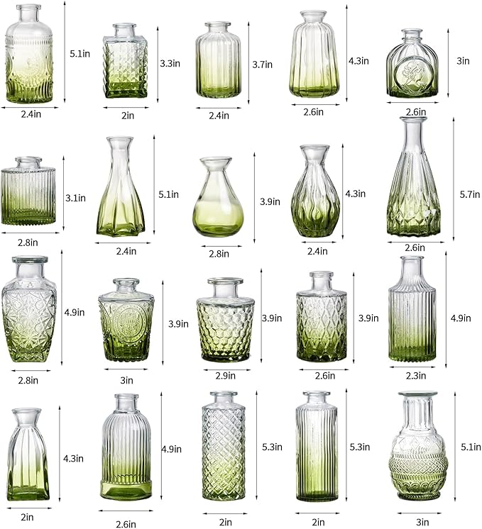 Glass Bud Vase Set of 60 - Small Vases for Flowers in Bulk - Assorted Vintage Crystal Vases for Flowers, Table Centerpieces (Green, 60 Pcs)